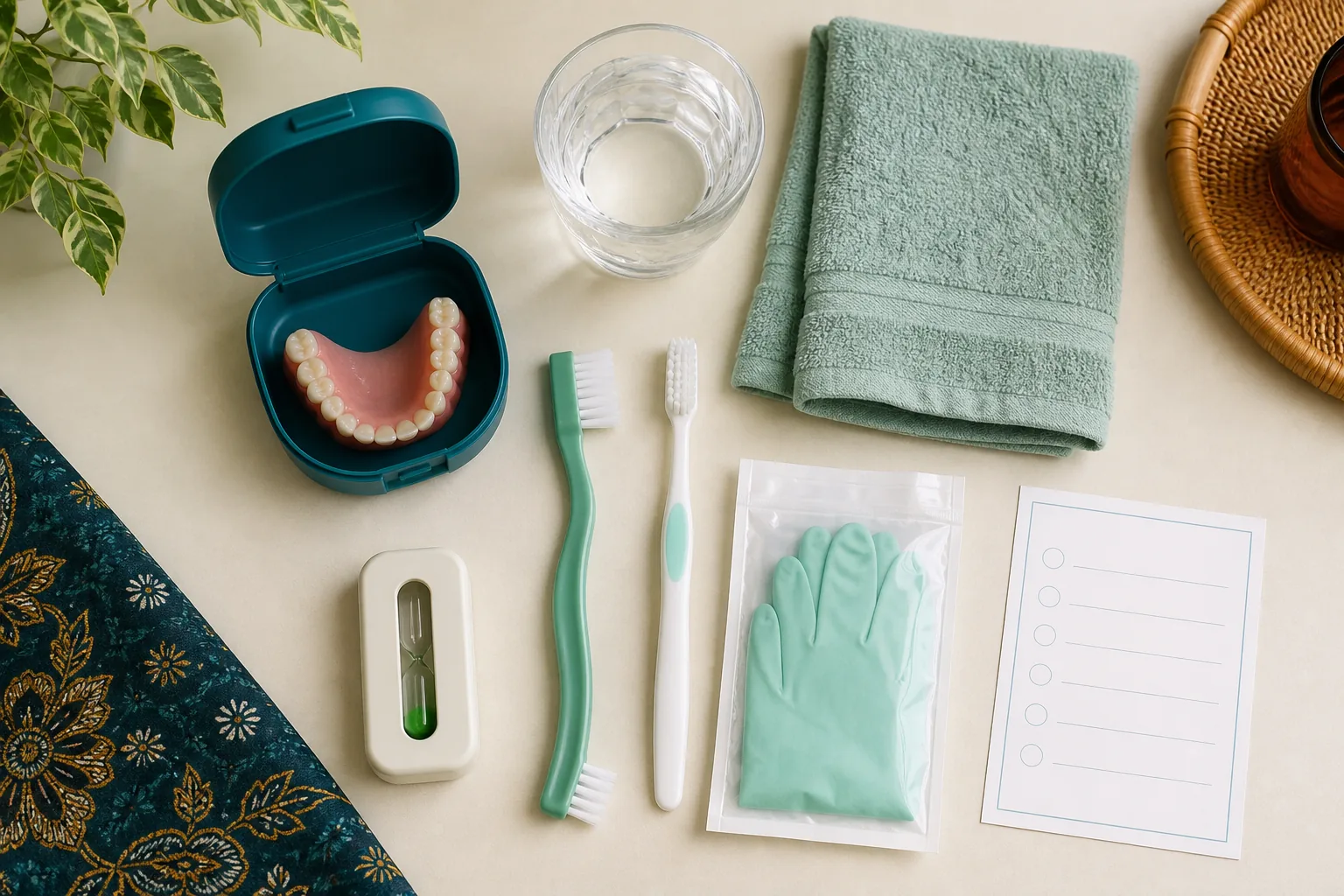 Denture care setup with storage container, denture brush, soft toothbrush, towel, water, timer, gloves and checklist