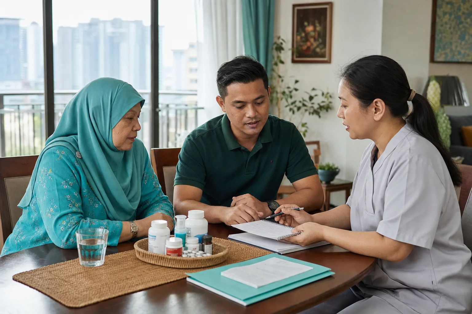 Warga emas Malaysia, penjaga keluarga dan profesional pergigian menyemak ubat sebelum lawatan pergigian di rumah