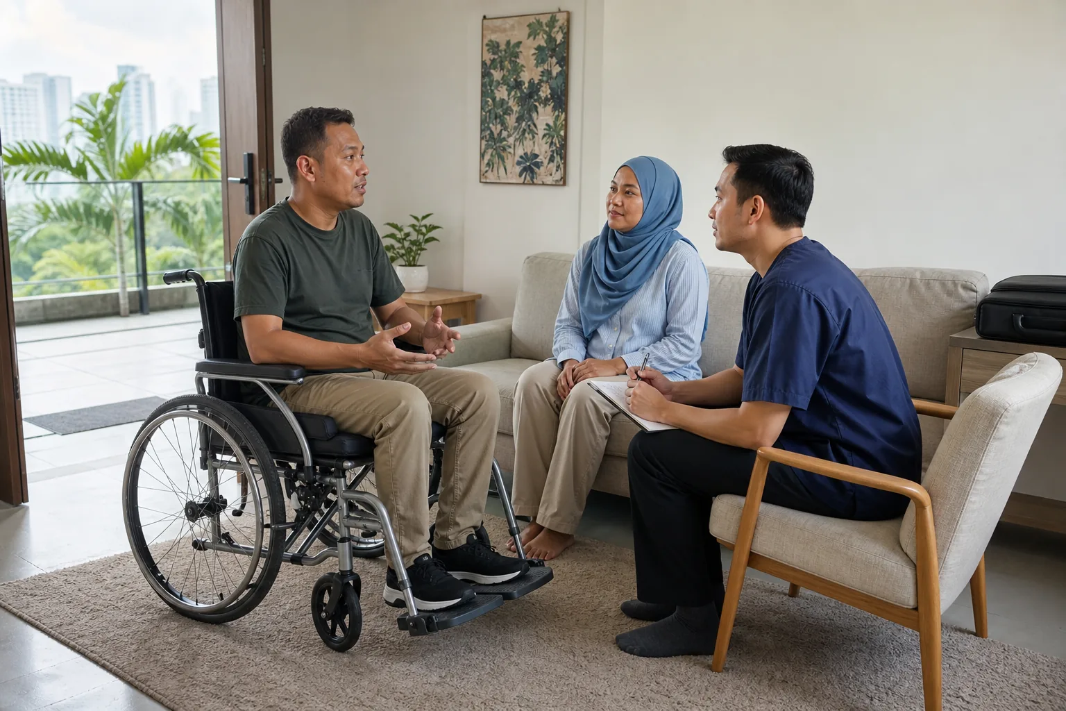 Malaysian wheelchair user, family member and dental professional discussing positioning and home access before a visit